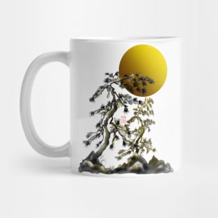 Two japanese sumiE ink pines with a big yellow sun Mug